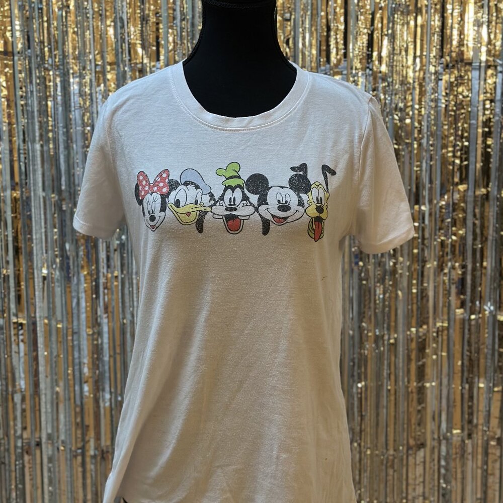 Disney Womens Shirt White Minnie Mickey Donald Goofy Pluto Graphic Gangs Size L